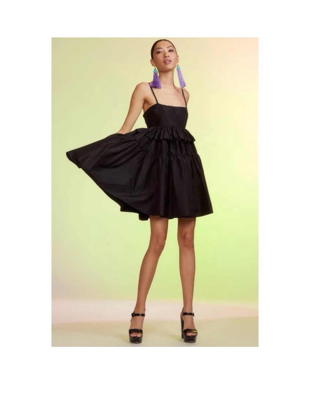 Cynthia Rowley Nikki Black Ruffle Taffeta Tiered Babydoll Mini Dress